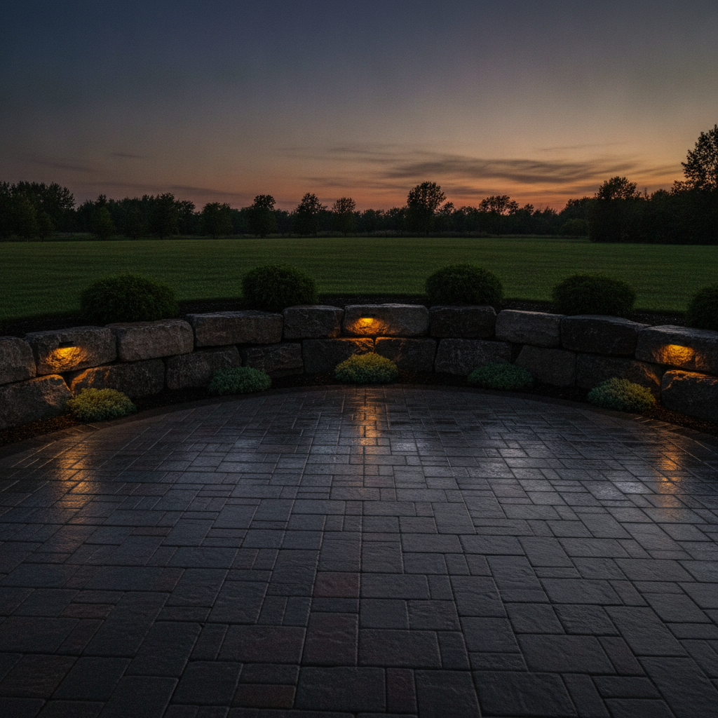 A freshly installed paver patio and landscape lighting glowing at dusk beside a manicured lawn, representing Google Ads campaigns for landscaping and hardscaping companies, Avalon Web Systems
