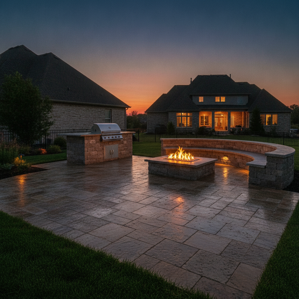 A newly finished paver patio with a stone outdoor kitchen, seat wall, and fire feature glowing under low landscape lighting at dusk, representing hardscaping marketing for paver and retaining wall contractors, Avalon Web Systems