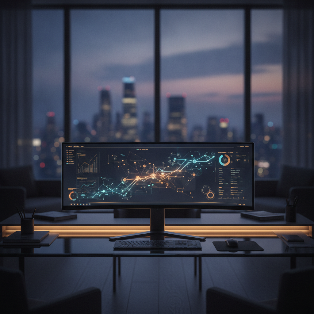 A glowing analytics dashboard on a sleek dark workspace desk, representing high-performance web design for B2B service companies, Avalon Web Systems