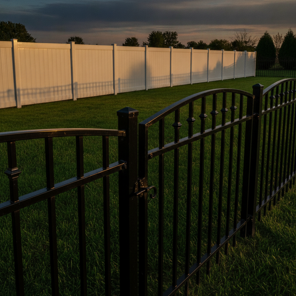 A newly installed white vinyl privacy fence and a black aluminum fence line bordering a fresh suburban lawn at golden hour, representing local SEO and Google rankings for fence companies, Avalon Web Systems