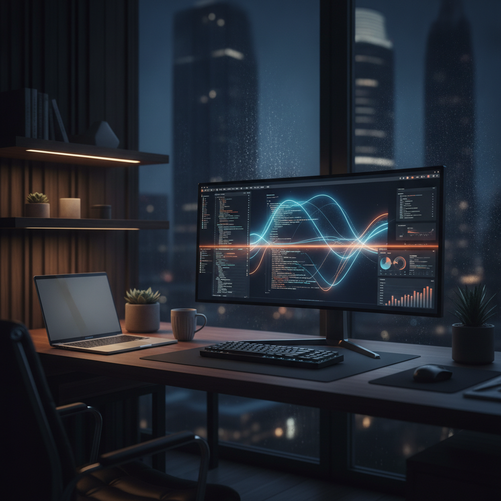 A sleek dark developer workspace with a glowing code editor and performance dashboard, representing the cost of custom Next.js development, Avalon Web Systems