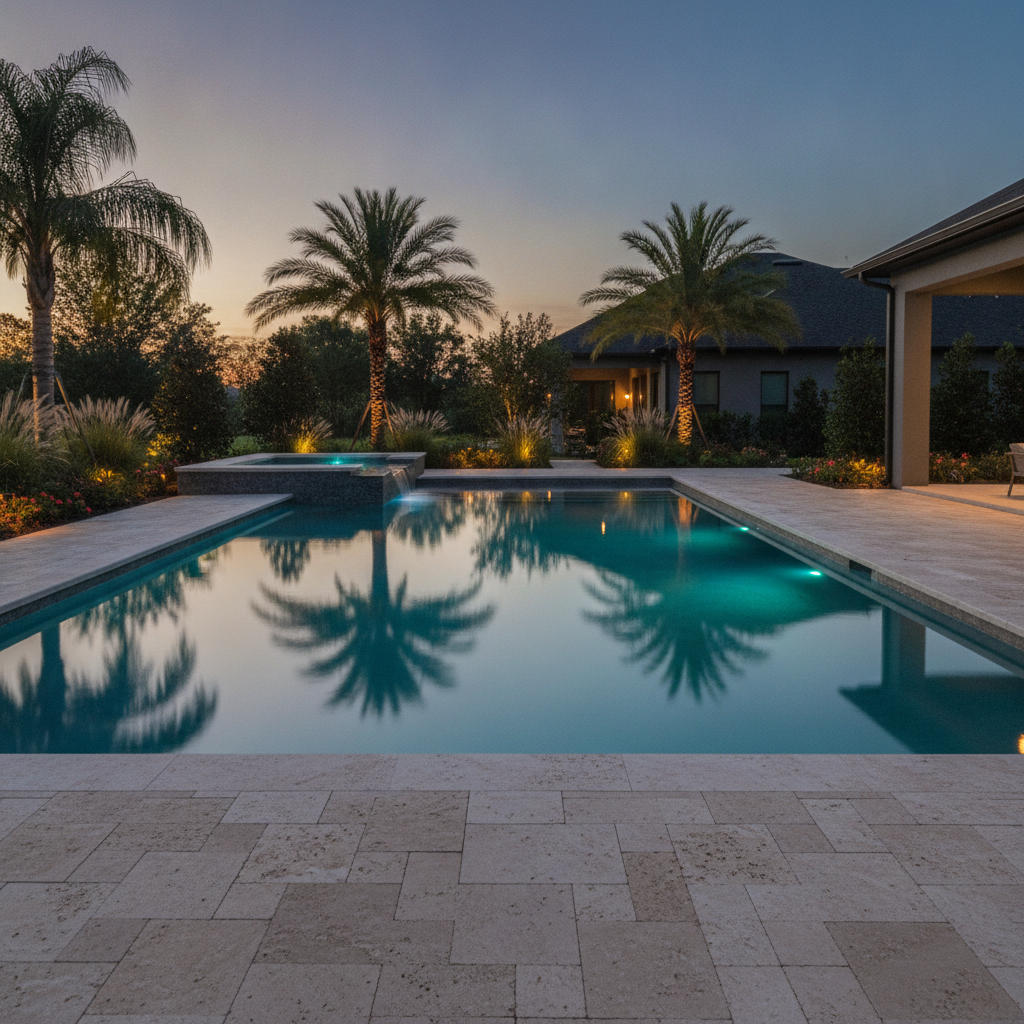 A finished custom gunite pool and travertine deck glowing under landscape lighting at dusk, representing local SEO and lead generation for custom pool builders, Avalon Web Systems