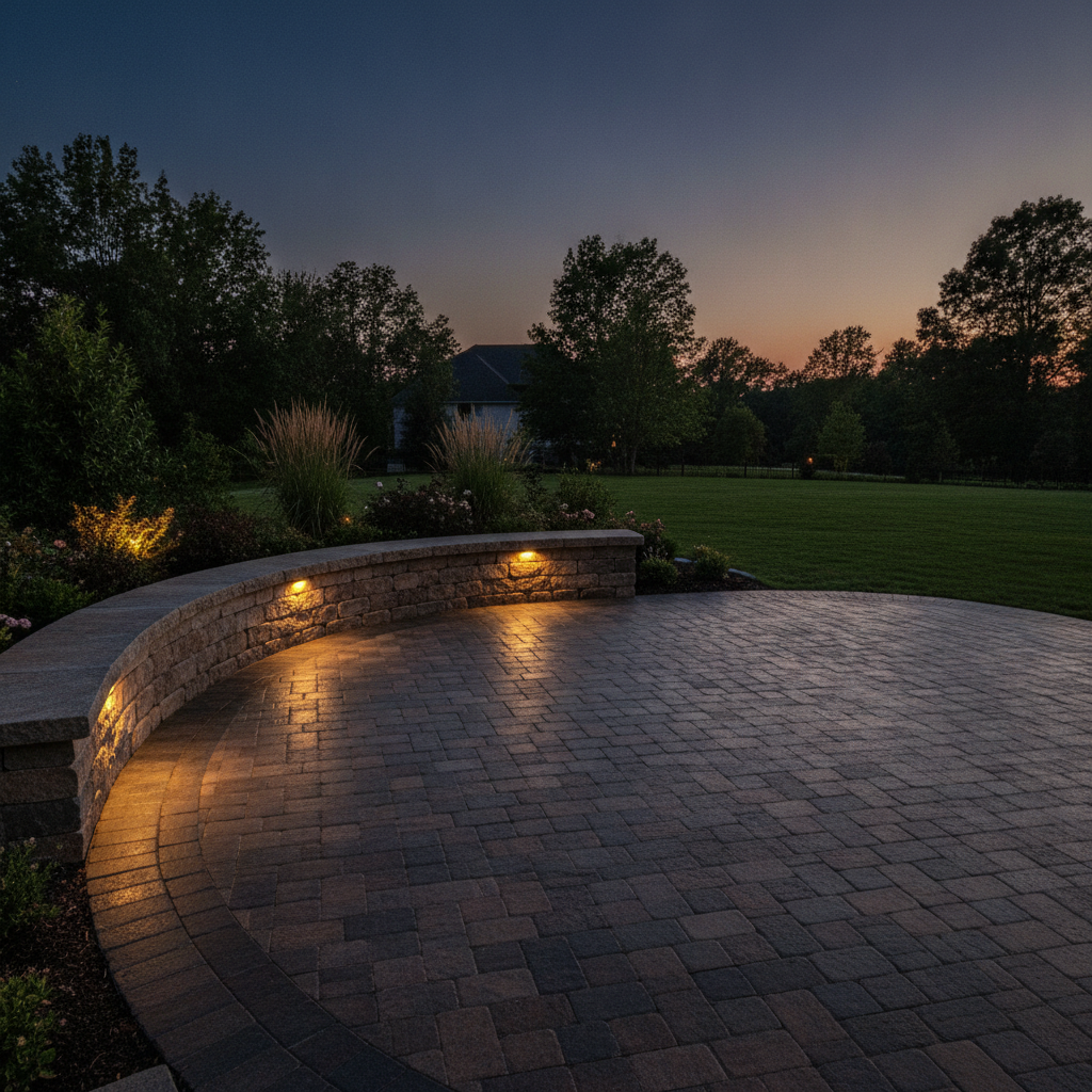 A finished paver patio with a stone seat wall and low landscape lighting beside a fresh lawn at dusk, representing website design for landscaping and hardscape companies, Avalon Web Systems