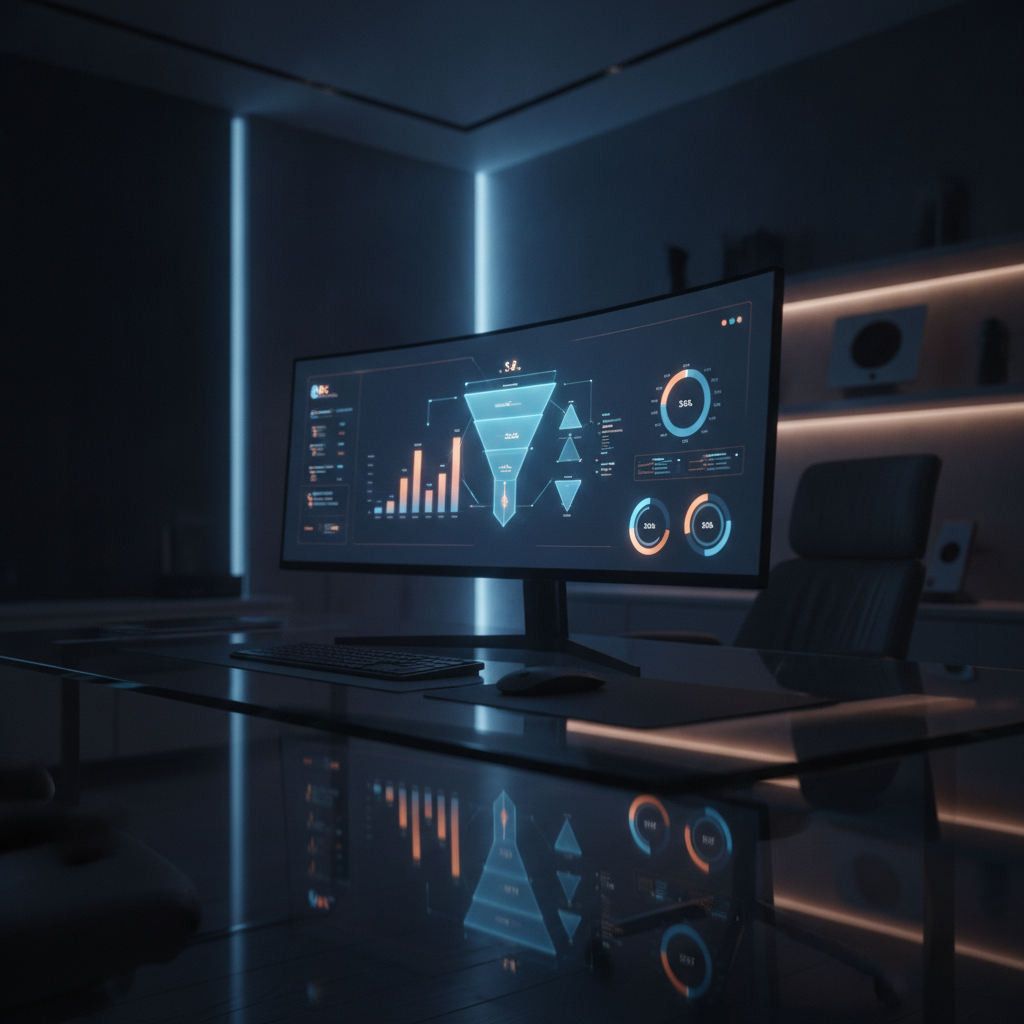 A glowing analytics dashboard tracking an e-commerce conversion funnel beside a sleek Next.js storefront on a dark premium display, representing conversion rate optimization for e-commerce platforms, Avalon Web Systems
