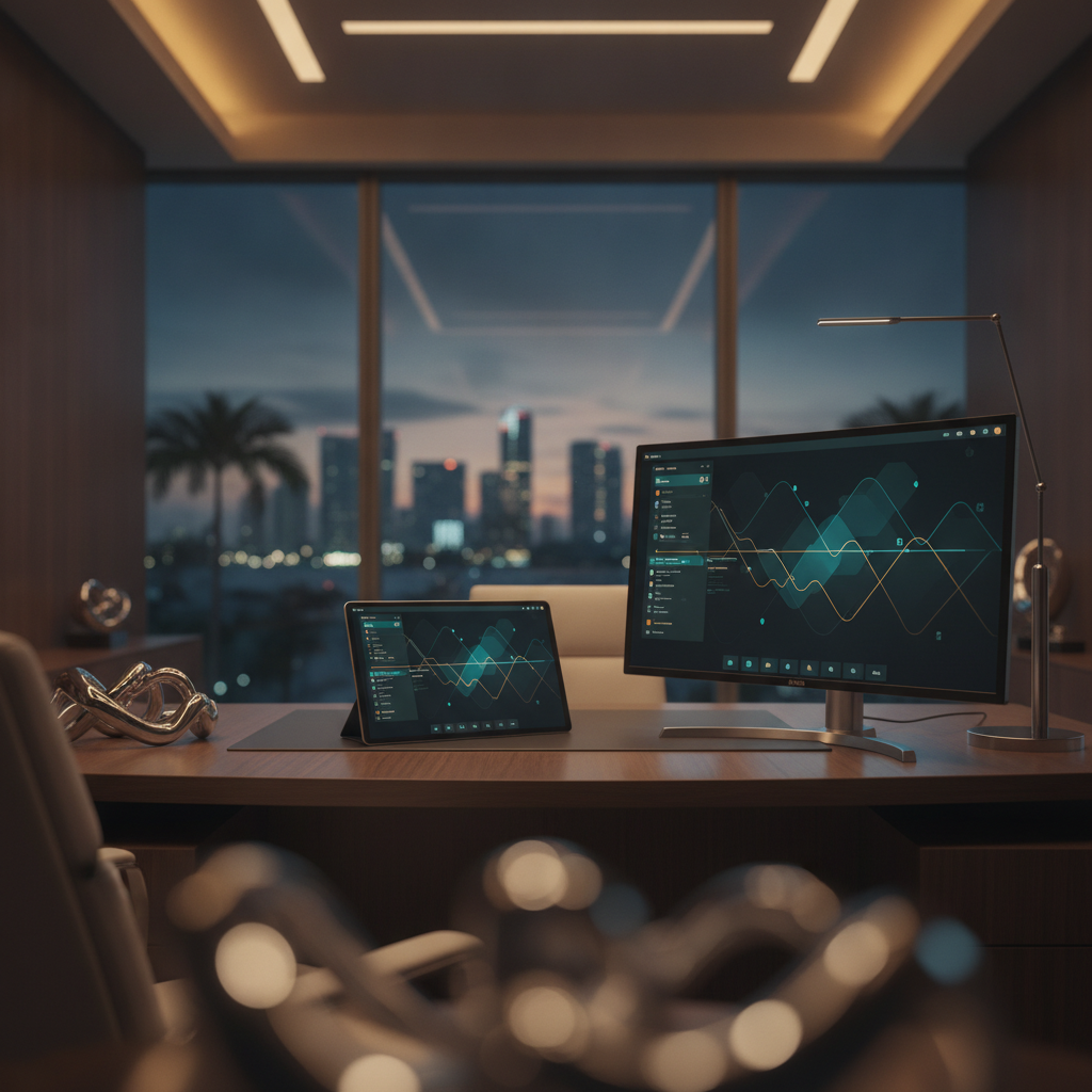 A glowing analytics dashboard beside a sleek modern medical office workspace in Miami at dusk, representing digital marketing for healthcare providers, Avalon Web Systems