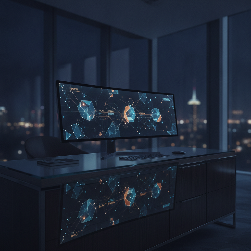 A glowing analytics dashboard displaying multiple connected marketing channels on a dark premium workspace, representing integrated digital marketing campaign pricing, Avalon Web Systems
