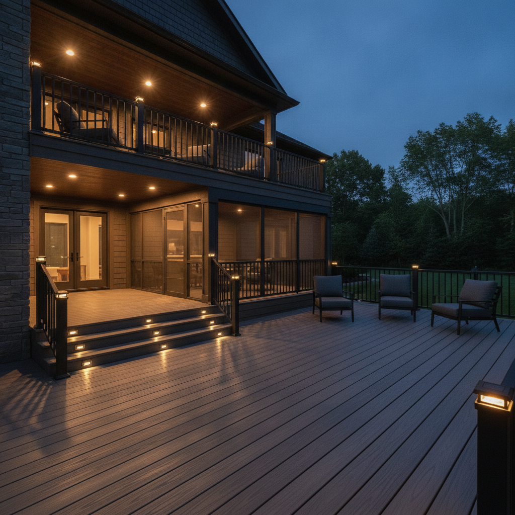 A newly built two-level composite deck with a covered section, black aluminum railings, and warm post cap lighting overlooking a backyard at dusk, representing lead qualification for deck and patio cover builders, Avalon Web Systems