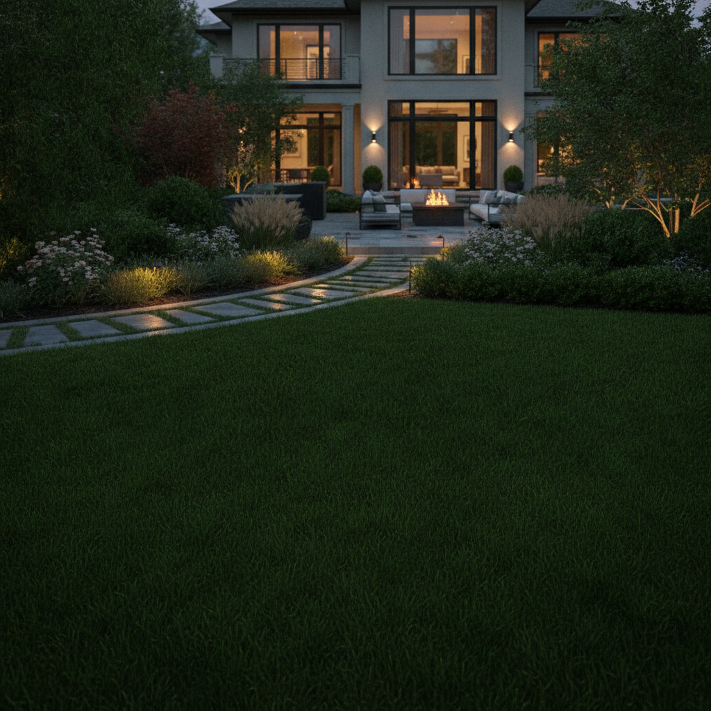 A landscaped residential backyard lit at dusk with layered garden lighting along a stone path and manicured beds, representing marketing and lead generation for landscaping companies, Avalon Web Systems